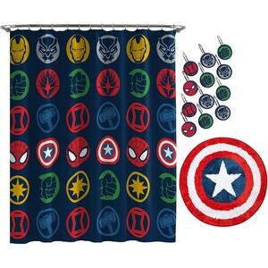 NEW Marvel Avengers Bathroom 14 Piece Set Shower Curtain Hooks Rug Superhero